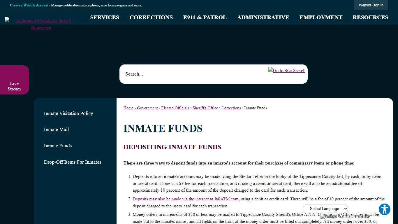 Inmate Funds | Tippecanoe County, IN